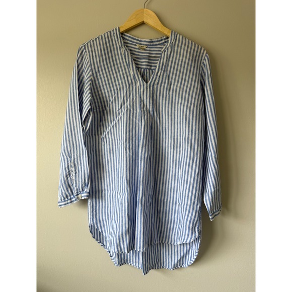 L.L. Bean Tops - L.L. Bean Linen Tunic Blouse M Blue White Striped Split V-Neck 504808